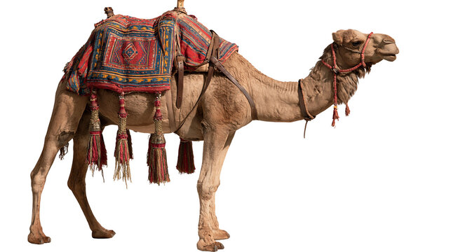 Dromedary camel with ornate traditional saddle and colorful woven fabric blanket