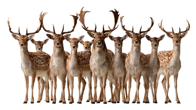 Group of fallow deer with spotted fur and large antlers standing together
