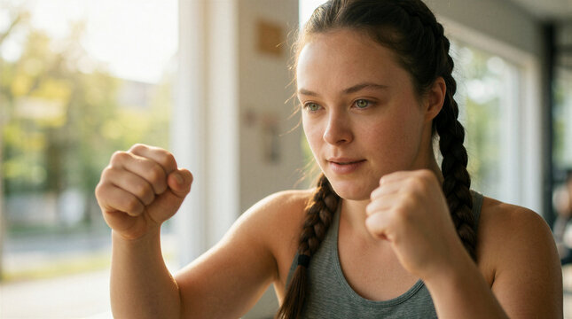 Boxing training session with young woman with Down syndrome practicing punches in a gym
