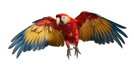 Scarlet macaw parrot with vibrant red yellow and blue wings in flight © Lysander
