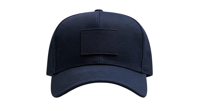 Dark navy blue baseball cap with a blank rectangular patch on the front panel