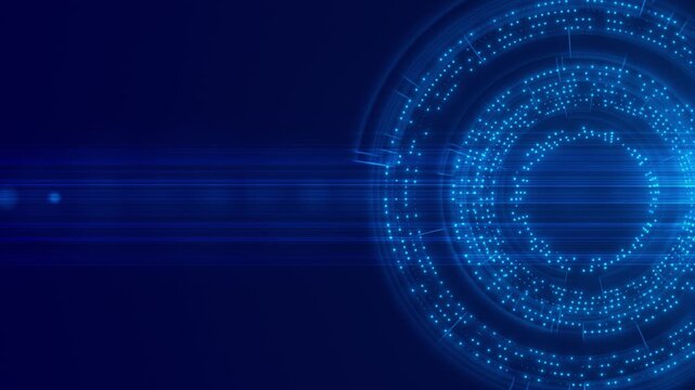 Nested cyan dot patterns curved segments form glowing tech ring deep blue field provides clean place for text branding, giving abstract graphic flexible layout for digital interfaces business visuals.