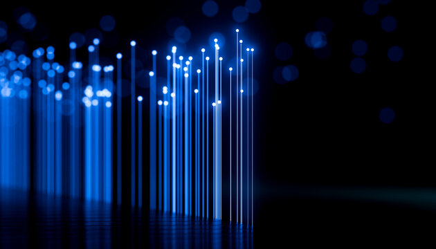 Blue fiber optic light strands rising through darkness for digital communication, 3D rendering