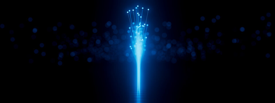 Single luminous fiber optic bundle emerging into branching blue data streams, 3D rendering