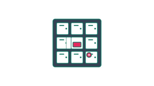 Animated flat safe deposit wall icon in a minimal vector style, opening in a smooth 4K seamless loop. The symbol sits alone in the centre of a bright white background in teal and turquoise, leaving ro