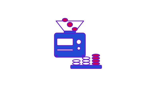 Animated flat coin counting icon in a minimal vector style, stacking coins in a smooth 4K seamless loop. The symbol sits alone in the centre of a bright white background in blue and azure, leaving roo
