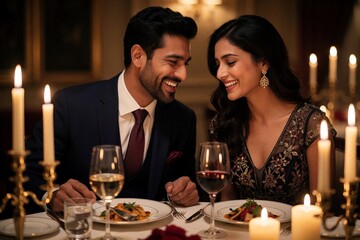 Fototapeta premium Happy young couple enjoys romantic candlelit dinner in luxury restaurant. Man in suit, woman in elegant dress smile at. Share fine dining meal with wine at night. Lovers celebrate special anniversary