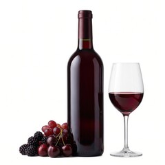 Obraz premium Bottle of red wine with glass and fresh fruit isolated on white background