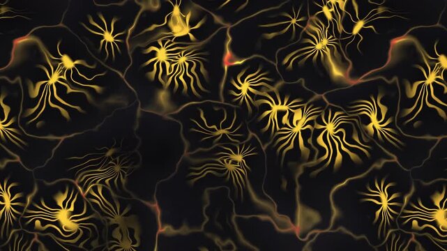 Glowing golden abstract organic tentacles pattern on black background