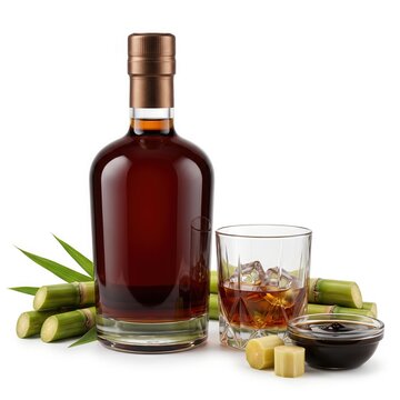 Bottle of dark rum with sugarcane isolated on white background