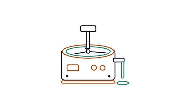 Seamless 4K looping animation of a flat chocolate tempering icon stirring batch, centred and isolated on a clean white background with plenty of copy space. Bold outlined vector shapes in orange and a