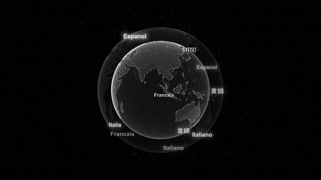 Pale language names scripts appear translucent Earth star field. map centers on Pacific, offering visual metaphor multilingual media, international audiences, interpretation cross cultural connection.