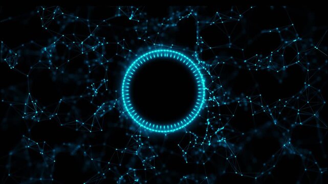 A glowing ring ticks dots frames central opening, by a web linked blue nodes. geometric composition works for futuristic dashboards, digital network themes, science visuals and centered logo reveals.