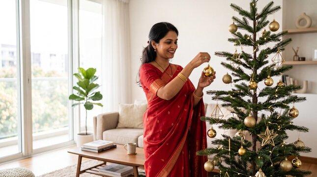 Indian woman in red saree decorating christmas tree at home