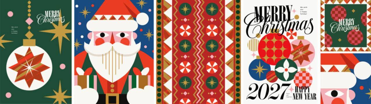 Merry Christmas and Happy New Year. 2027. A abstract illustration of Santa Claus with gifts and geometric baubles; a folk pattern for wrapping, a frame for corporate greeting card, poster, background