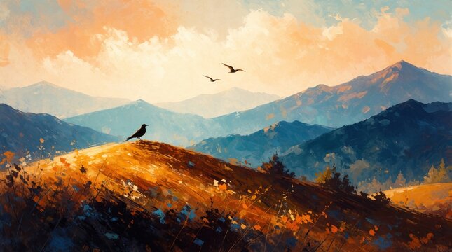 Digital art painting of mountain landscape at sunset. Black bird sits on hill under orange sky. Birds fly above blue peaks. Colorful nature scenery with wild meadow, clouds creates peaceful calm