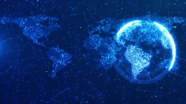 Vivid blue luminous globe highlights pixelated world map a web points. visual international communications, geographic information, worldwide networks, digital mapping and global technology stories.
