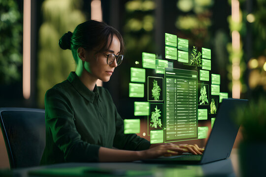 A worker is examining an overdue invoice on environmental and ecological solutions. Green tabs indicate information about plants, and the engineer is focused on the planet's future. A checklist is bei