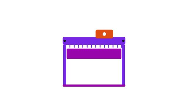 Seamless 4K looping animation of a flat knitting machine icon knitting panel, centred and isolated on a clean white background with plenty of copy space. Bold outlined vector shapes in purple and viol