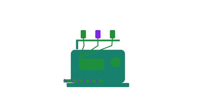 Animated flat overlock machine icon in a minimal vector style, finishing edge in a smooth 4K seamless loop. The symbol sits alone in the centre of a bright white background in teal and turquoise, leav