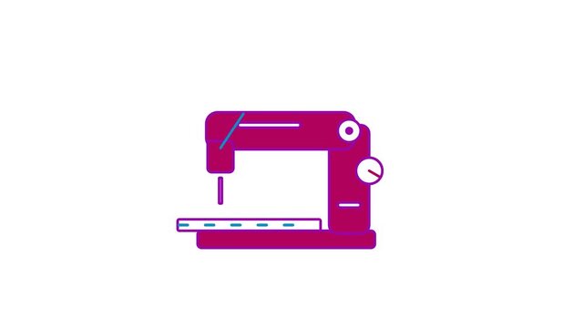 Animated flat sewing machine icon in a minimal vector style, stitching fabric in a smooth 4K seamless loop. The symbol sits alone in the centre of a bright white background in purple and violet, leavi