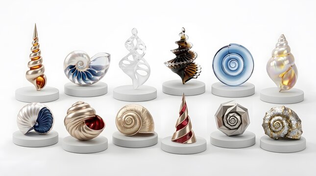 Arrangement of various small decorative glass shell and spiral tree figurines on stands with sculpture figurine collection ornament artistic creative