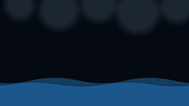 Animated stormy night ocean waves rolling under dark flashing thunderclouds and stormy sky background.