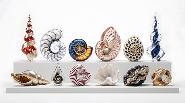 Display of assorted decorative glass shells and spiral ornaments on white shelves with sculpture ornament collection artistic creative interior showpiece