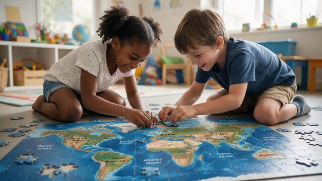 Diverse boy and girl happily assembling large world map jigsaw puzzle together on classroom floor