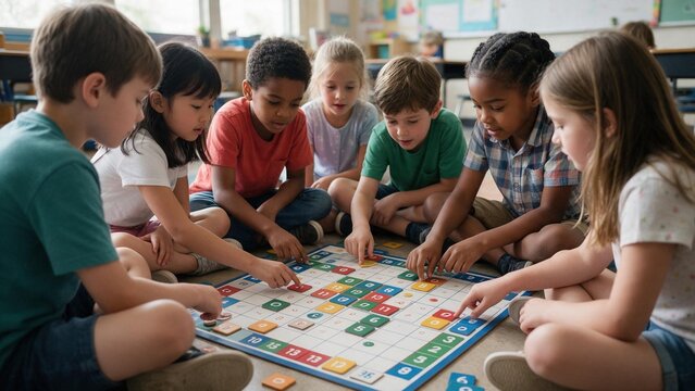 Diverse group of elementary school children intently playing educational number board game together on classroom floor
