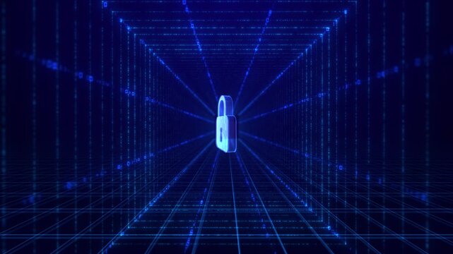 Luminous blue padlock shackle floats rectangular digital corridor. Perspective grid lines cascading characters evoke online access, permission settings, network security release protected information.
