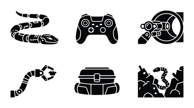 Robotic snake, game controller, and robot arm icons set for technology and gaming