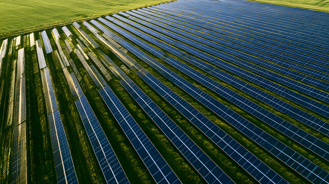 Rows of solar panels stretch across the sky, like a photovoltaic farm seen from above. Diagonal lines of these panels harness renewable solar energy, aiming to minimize carbon footprints and provide c