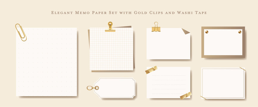 Elegant white Memo Paper and Sticky Note Set with Gold Clips and Washi Tape