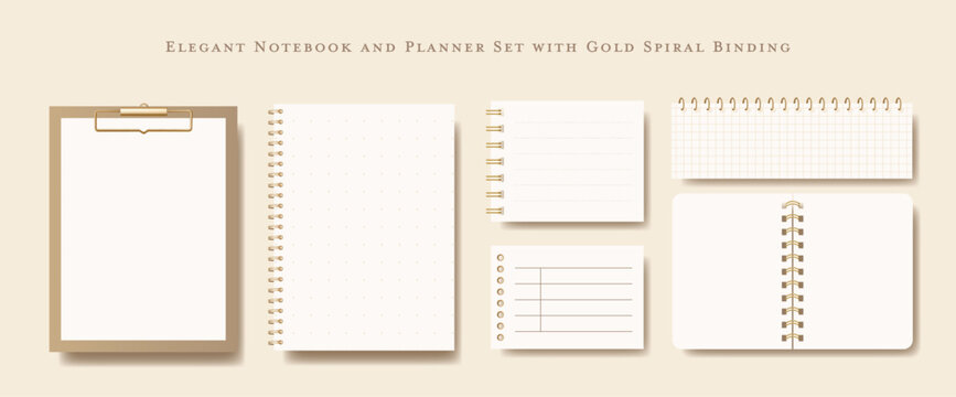 Elegant White Notebook and Planner Set with Gold Spiral Binding and Clipboard