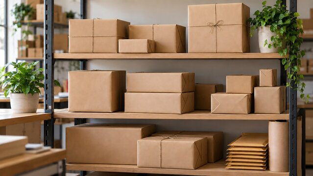 Kraft paper parcels arranged on shelving in a small business packing room