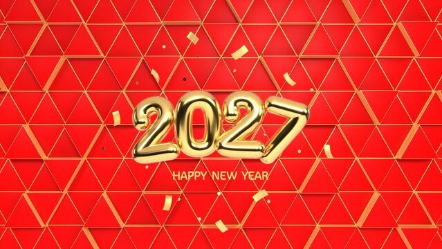 2027 Happy New Year 3D text with gold glossy numbers and confetti on red geometric triangular background