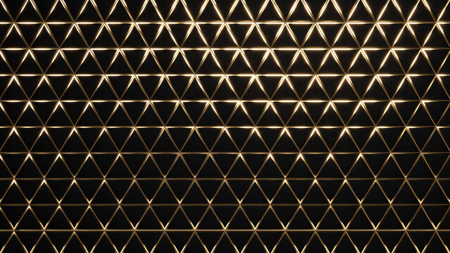 Luxury black and gold geometric triangular grid pattern with glowing light lines