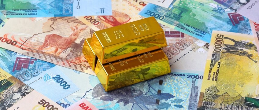 Ugandan shilling money bills and gold bullion bars. Uganda cash bills of UGX currency close up