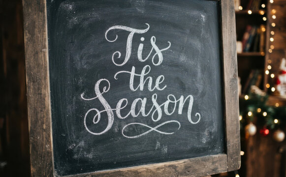 Tis the season chalkboard sign with elegant white hand lettering for holiday decor and Christmas greeting celebration concepts