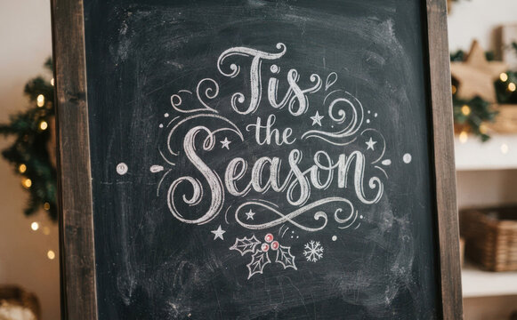 Tis the season chalk lettering sign for Christmas holiday greeting card design and winter celebration decor