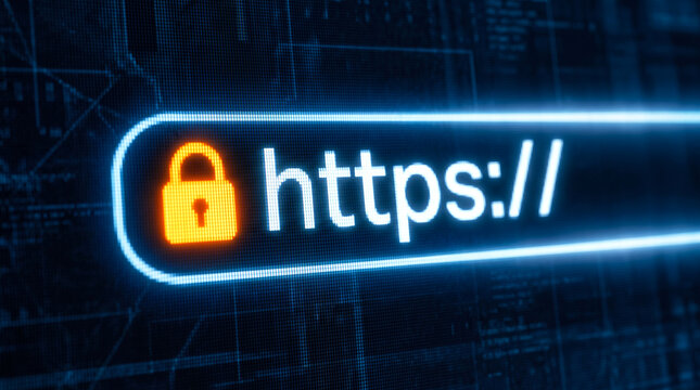 Glowing padlock icon and https address bar on pixelated screen, website security and data encryption
