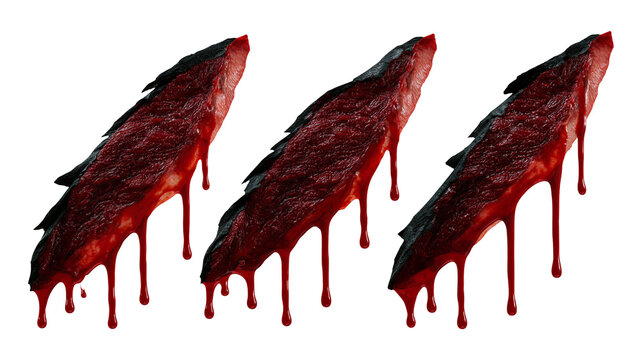 Three deep jagged flesh wounds with dripping red blood and charred skin edges