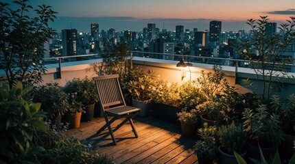 Fototapeta premium Modern rooftop garden with many potted plants on wooden terrace at twilight. Single grey chair sits near warm lamp overlooking bright city skyline. Urban oasis offers peaceful relaxation with scenic