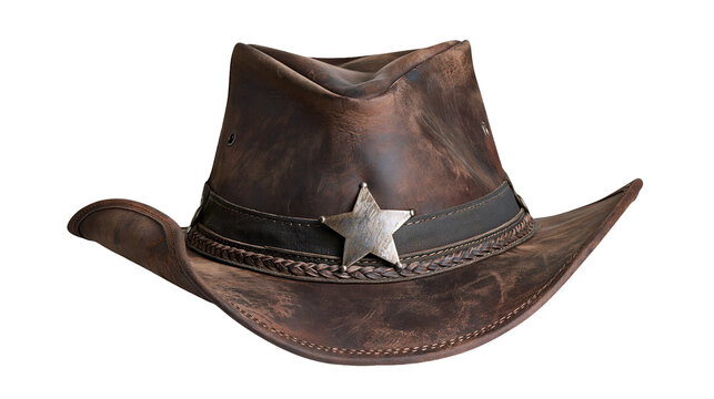 Distressed brown leather cowboy hat with a metallic silver sheriff star badge