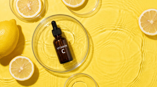 Vitamin C serum dropper bottle in glass dish with lemon slices on water, skincare and antioxidant treatment