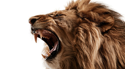Aggressive male lion head roaring with open mouth and sharp teeth showing mane © Eustace