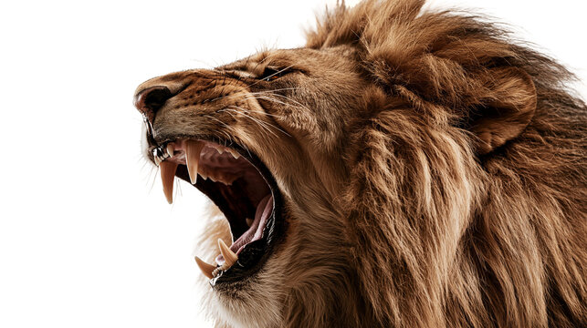 Aggressive male lion head roaring with open mouth and sharp teeth showing mane