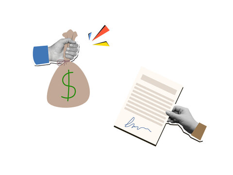 Concept of a loan or contract: exchanging a bag of money for a signed document. Modern collage style. Illustration on a transparent background