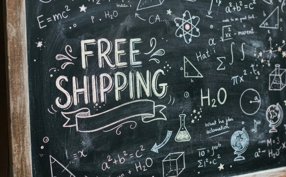 Chalkboard with Free Shipping text and science formulas for education promotion, online store marketing concept and school supply advertisement background